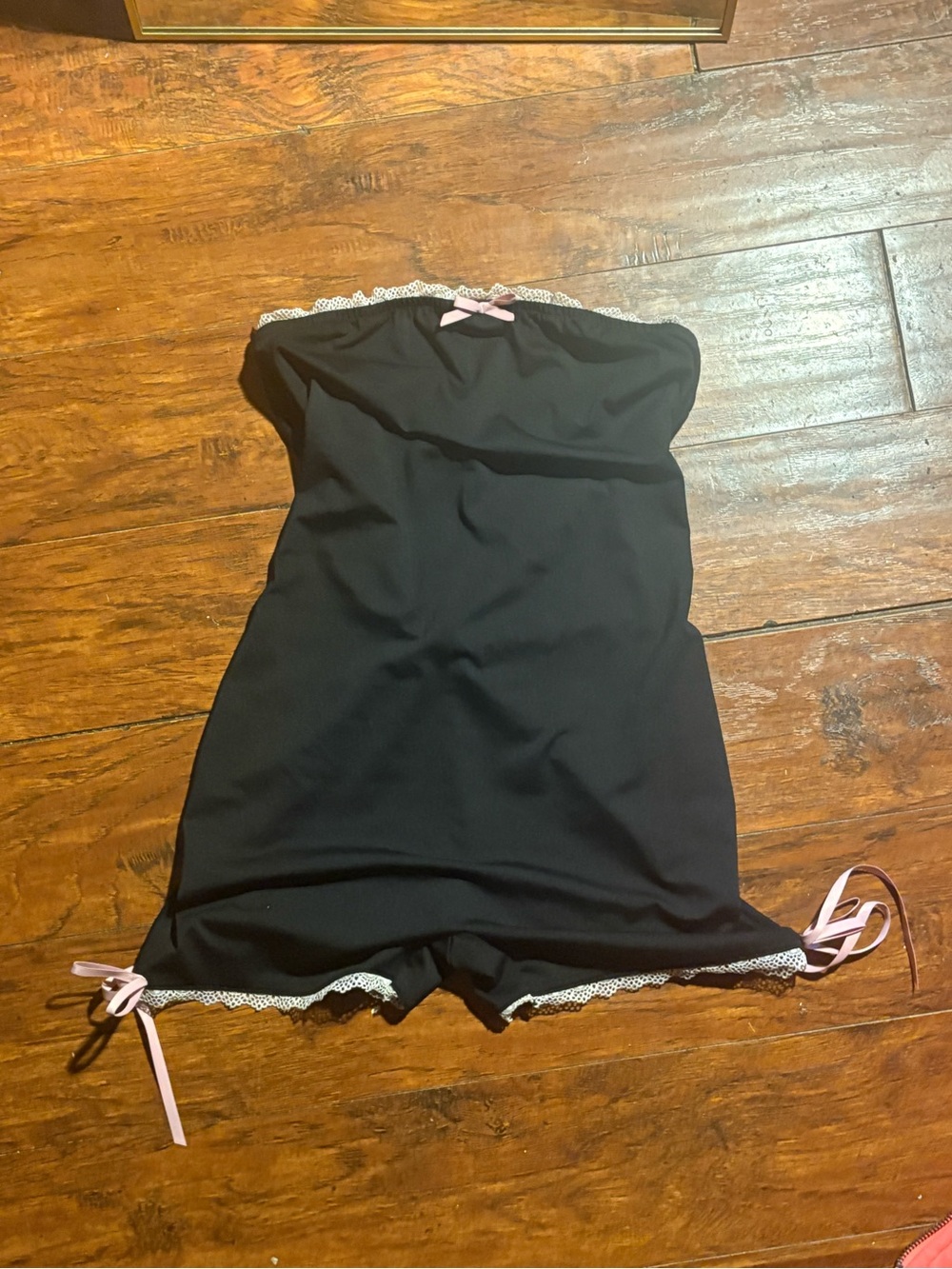 Strapless Black Romper with Pink Bow & Lace Trim